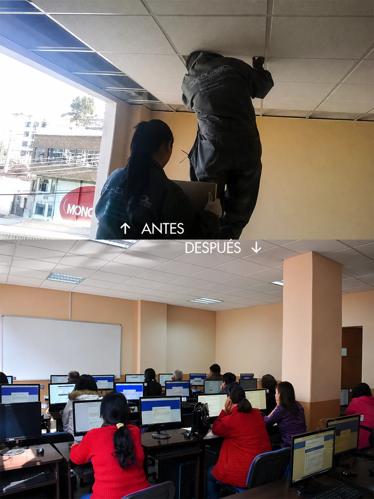 Aula u oficina con acabado interior funcional